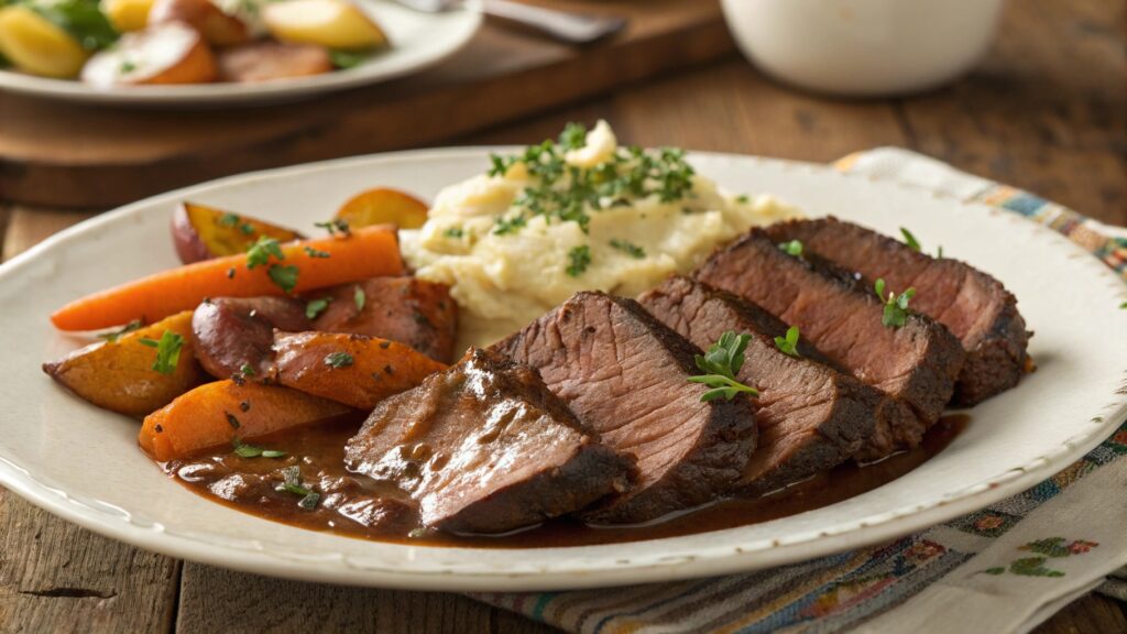 Tender, slow-cooked beef heart slices served with a rich sauce, garnished with fresh herbs and paired with roasted vegetables on a rustic plate. A comforting and delicious homemade meal.